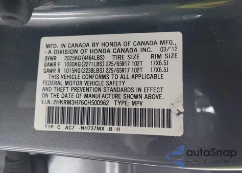 2012 Honda Cr-V Ex-L from USA, damaged, VIN 2HKRM3H76CH500962